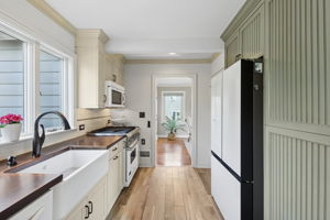 The farm sink in the kitchen is a Shaws Original, hand made in England!