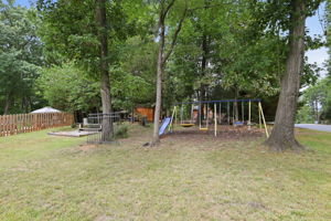 Play equipment in private wooded backyard