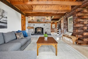 Anchored by fireplace