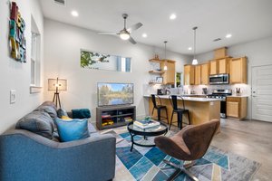 Gorgeous kitchen, relaxing living room, lots of natural light. The "Keep Austin Weird" sign does not convey (is not included in the sale).