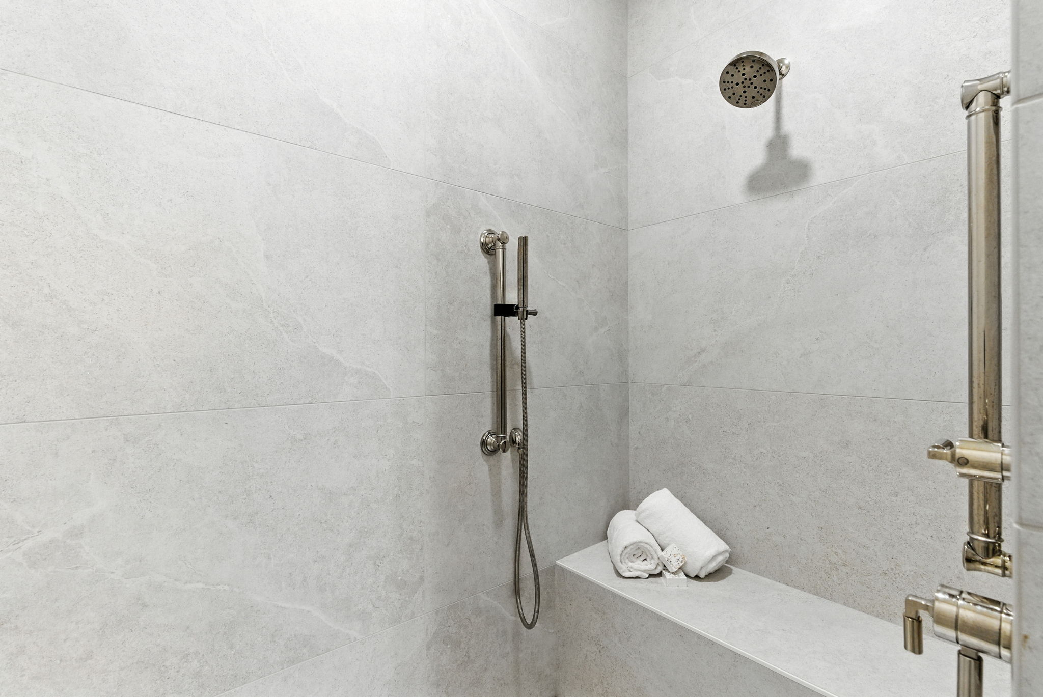 Primary Bathroom Roll-in Shower with Bench