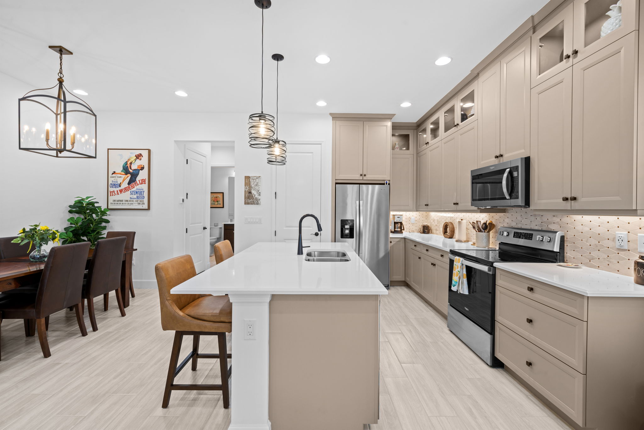 Custom kitchen glass cabinets in kaki.