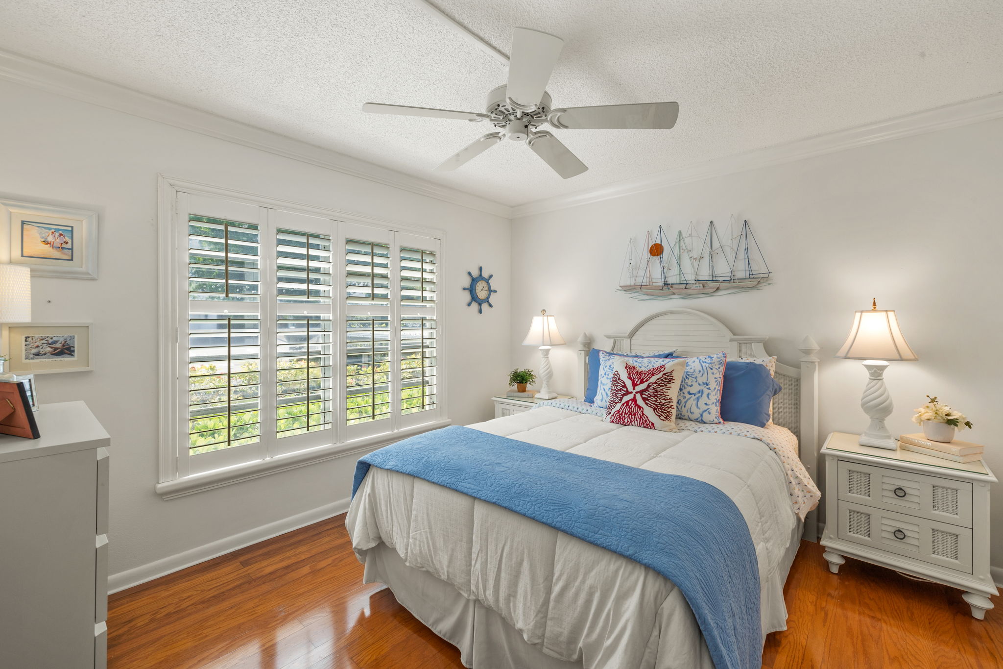 Bright Guest Bedroom, hardwood floors