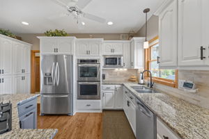 Stainless steel Kitchen-Aid appliances. Double wall oven.