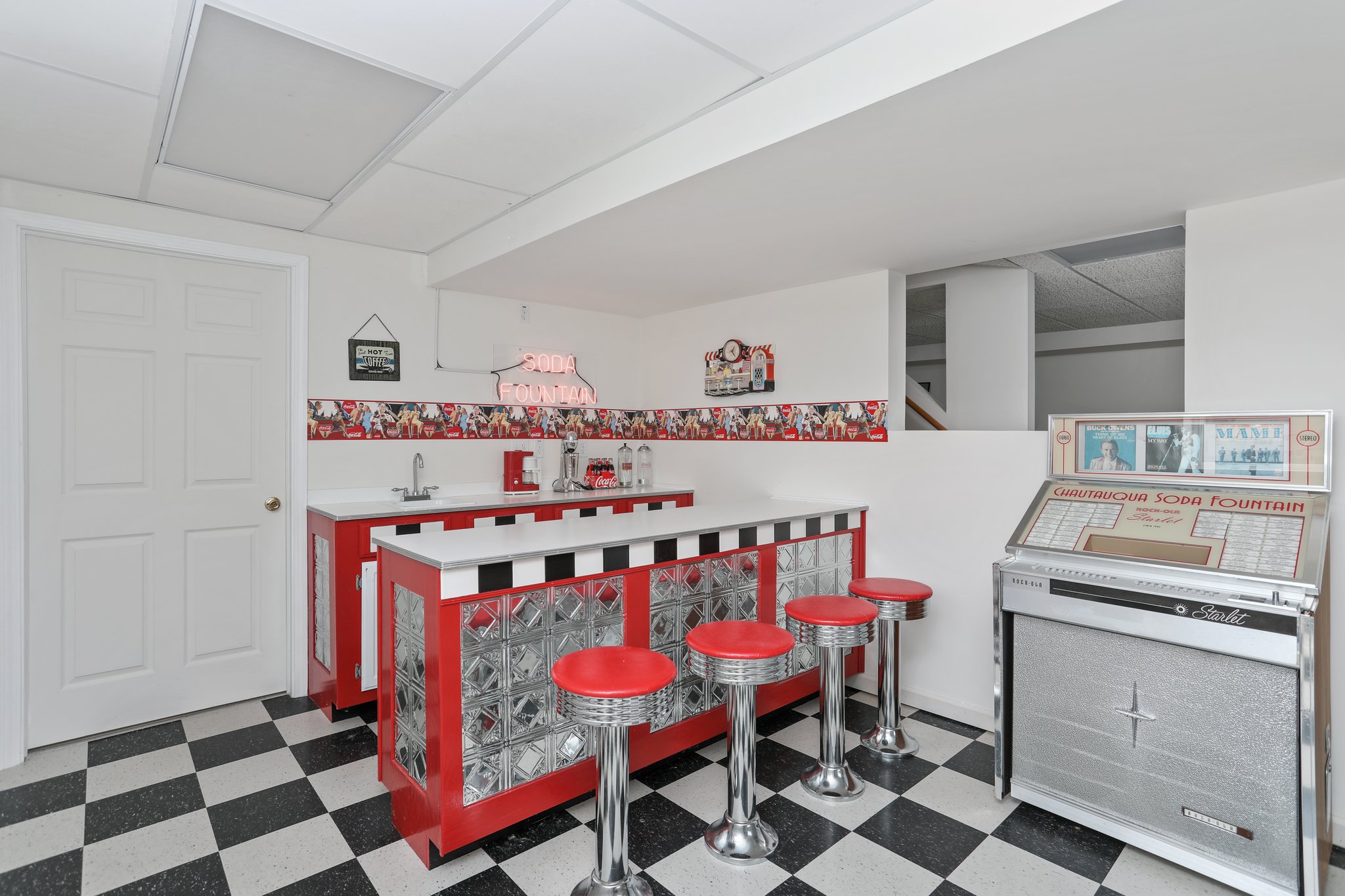 Soda fountain bar in finished daylight basement