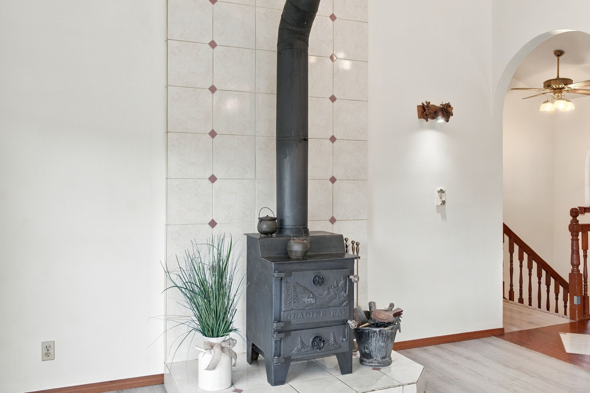 Bright Family Room with Wood Burning Stove