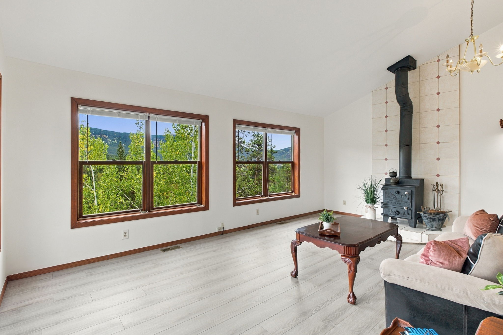 Bright Family Room with Wood Burning Stove