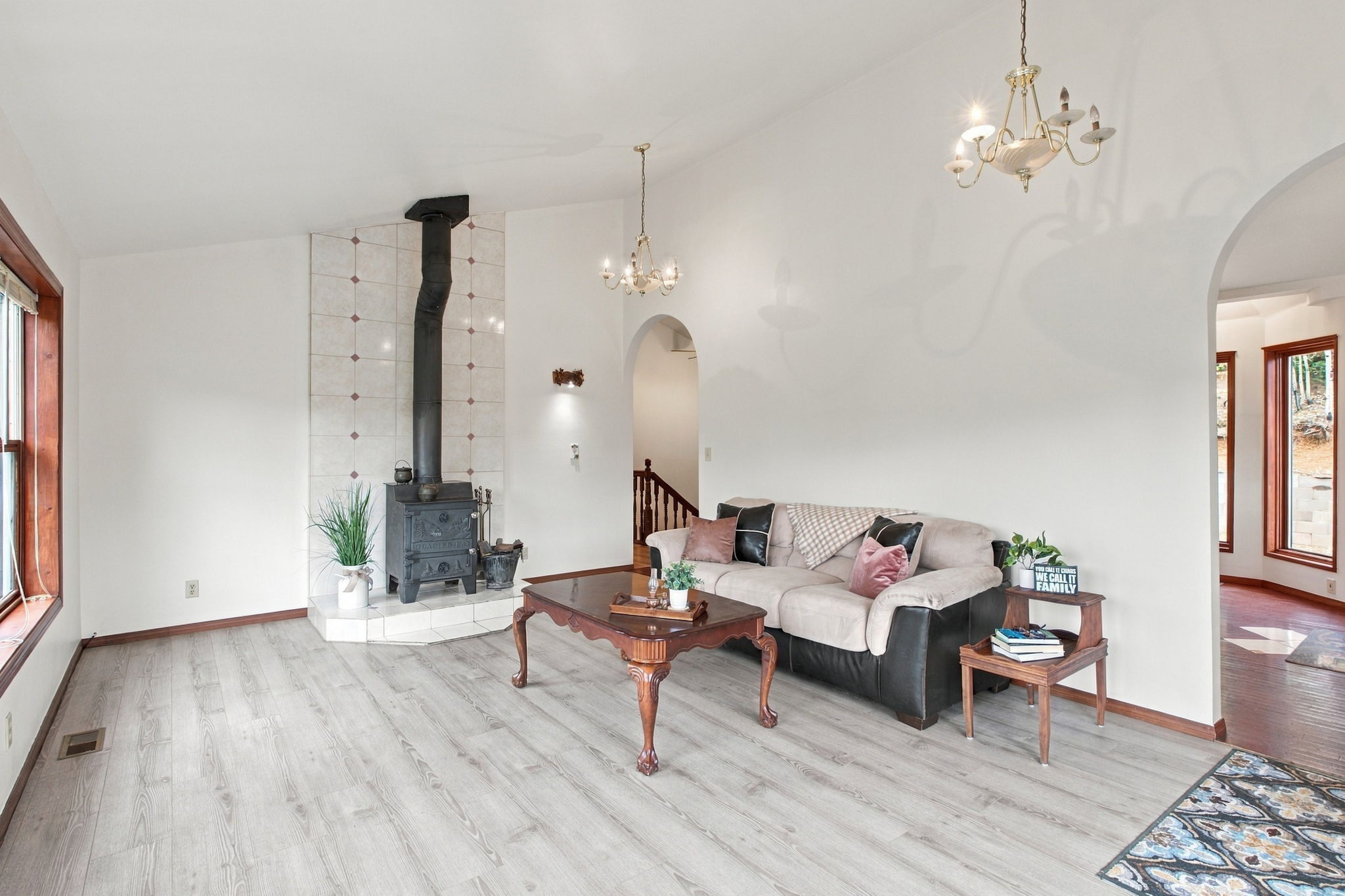 Bright Family Room with Wood Burning Stove