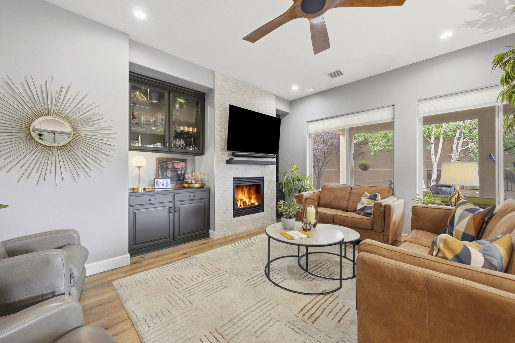 Family Room with Gas Fireplace, Built In Bar