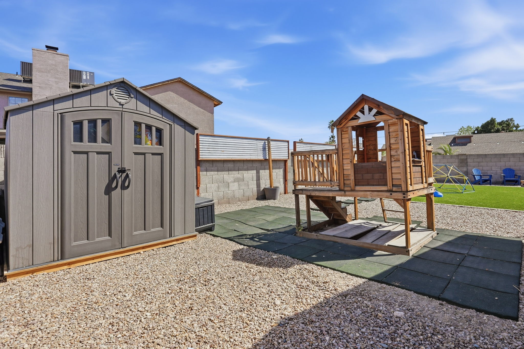 Shed and wooden play structure convey!