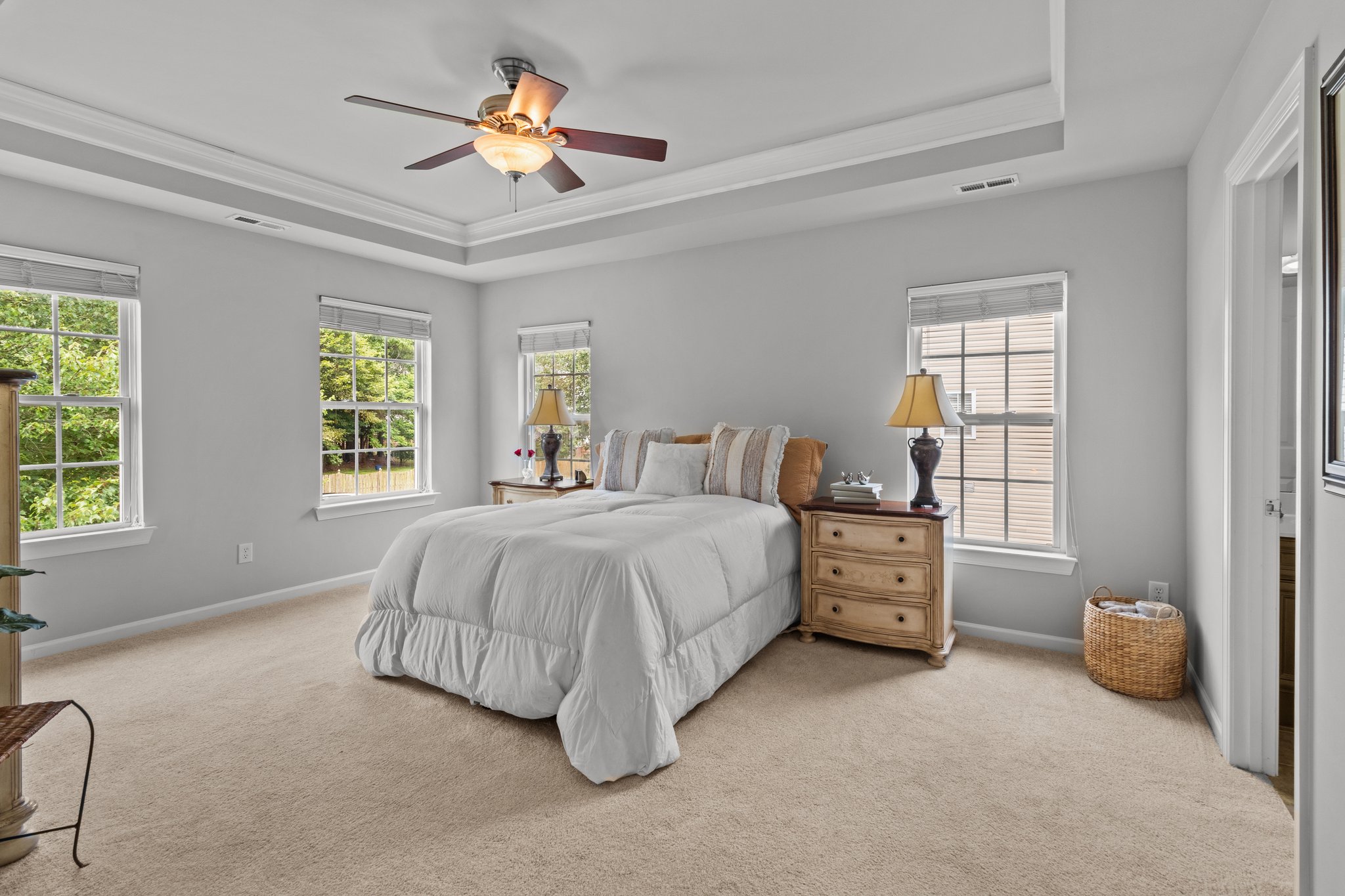 Spacious primary bedroom w/trey ceiling