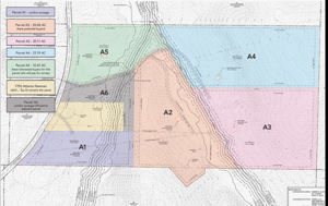 Property segmented into 10 acre parcels. The yellow is not available.
