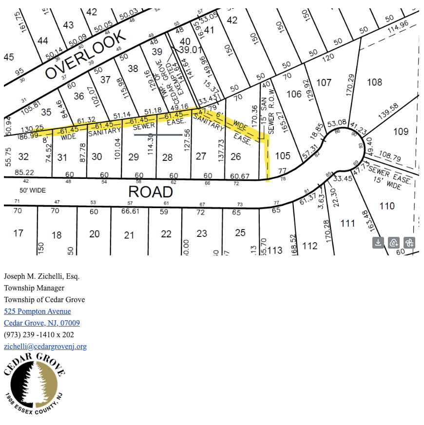 Sewer easement on south side of driveway until it turns left.  See small "78" in street