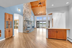 View from foyer to great room with vaulted ceilings