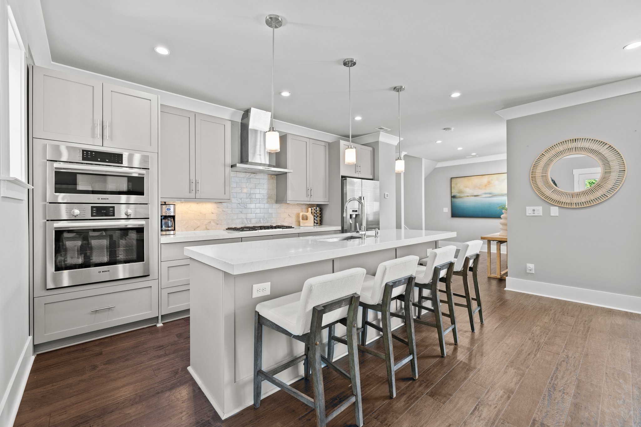 Quartz Countertops, Pendulum Lighting