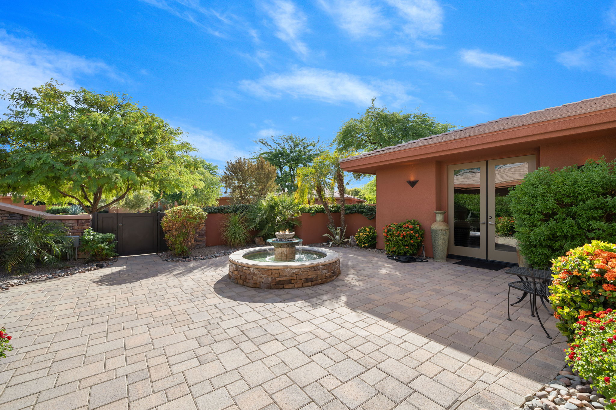 Courtyard with fire bowl water fountain