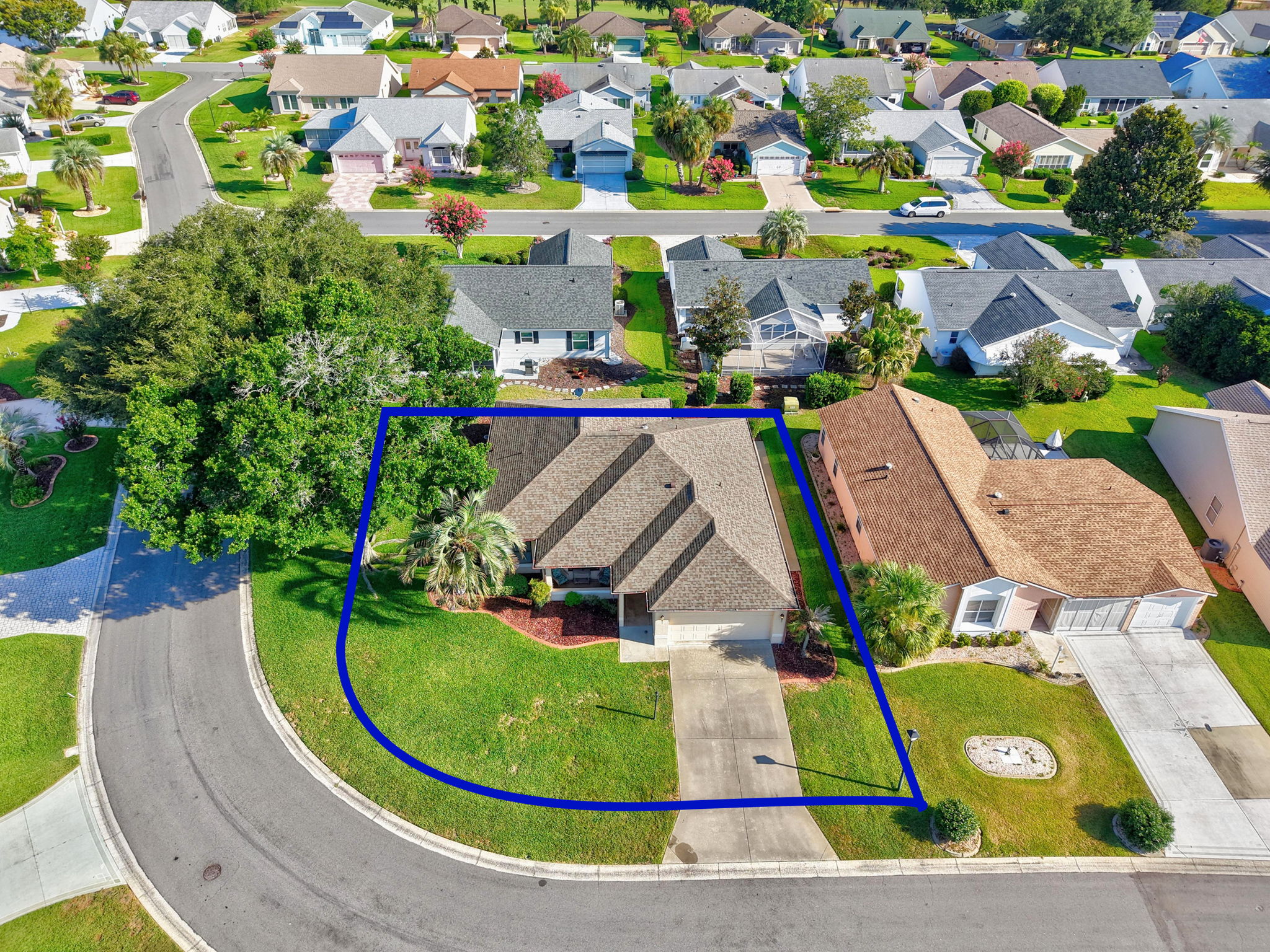 Aerial Front Elevation with Property Lines and Large Corner Lot with ROOM FOR A POOL!