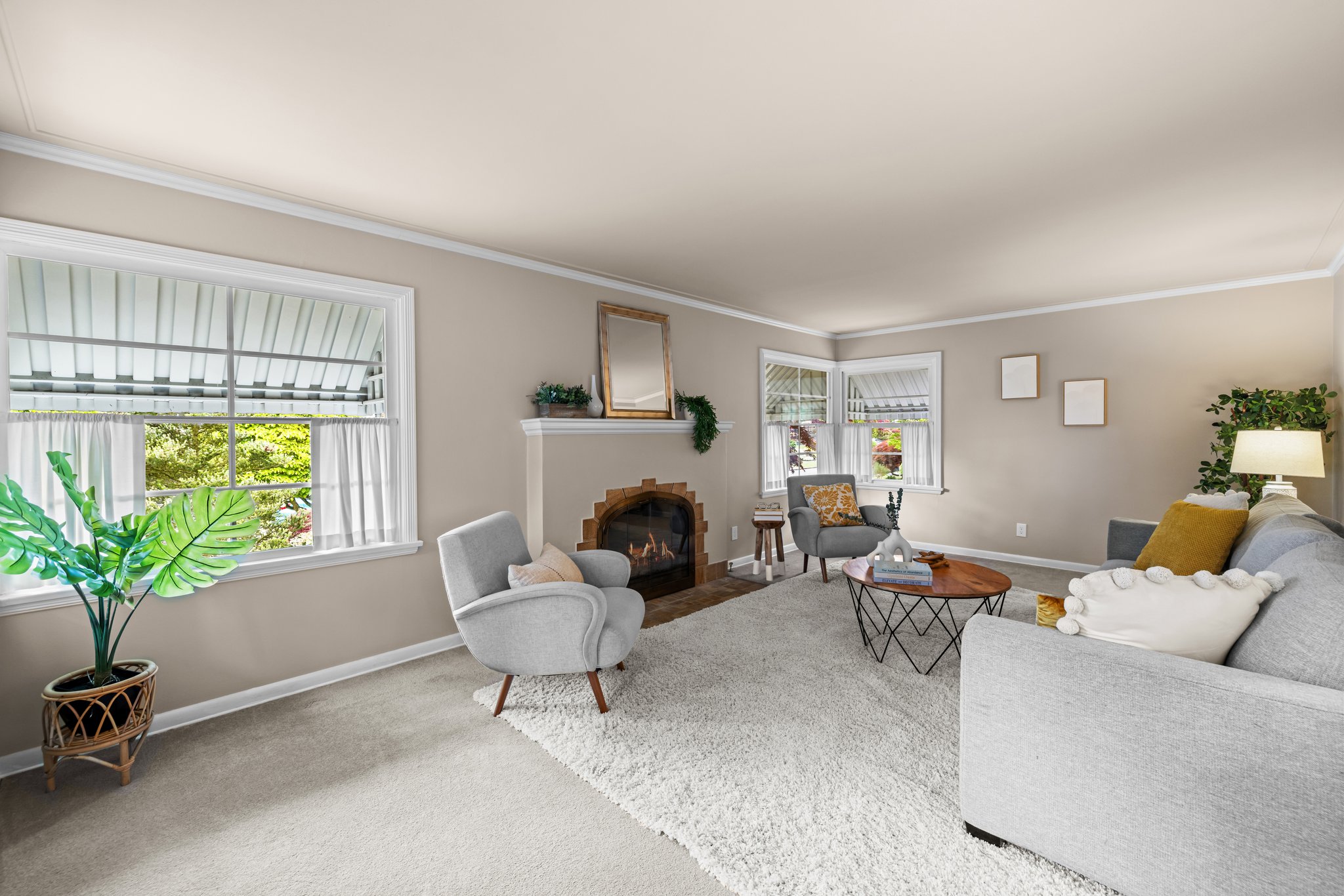 Wonderful huge living room w/great windows with beautiful gas fireplace & mantel