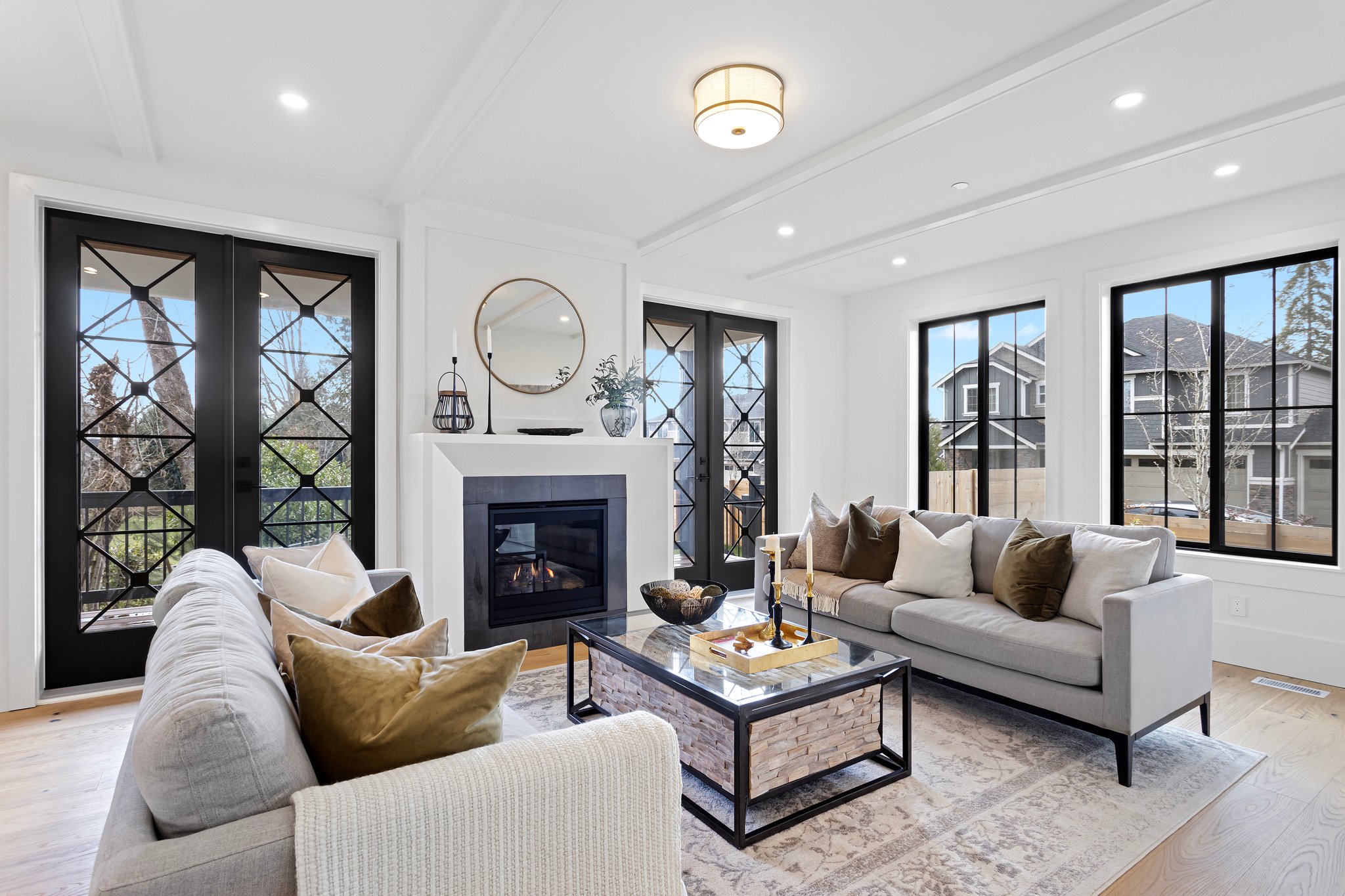 Living Room: Gas Fireplace, French Doors