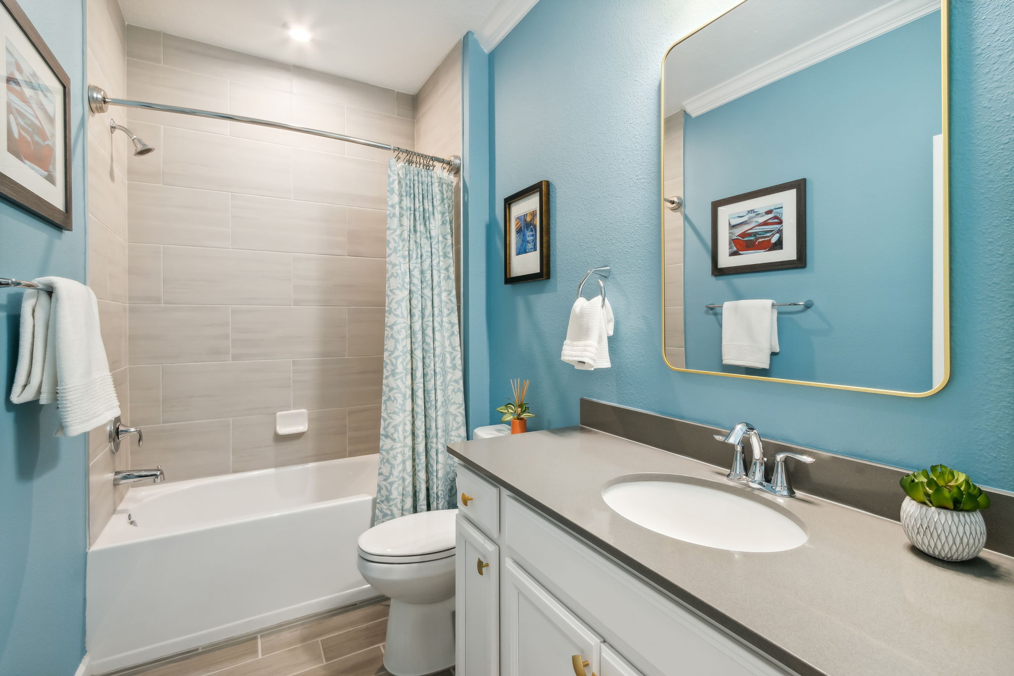 A third guest bath with an additional tub and chic mirror/vanity combo