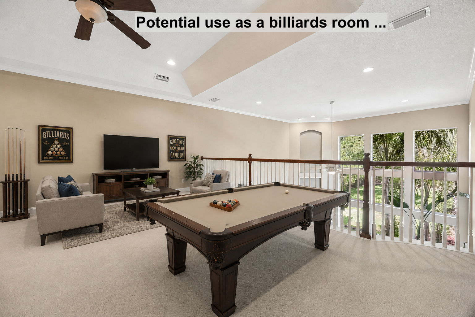 … shown here as a potential billiards room (virtual), with open sightlines over the main living area below