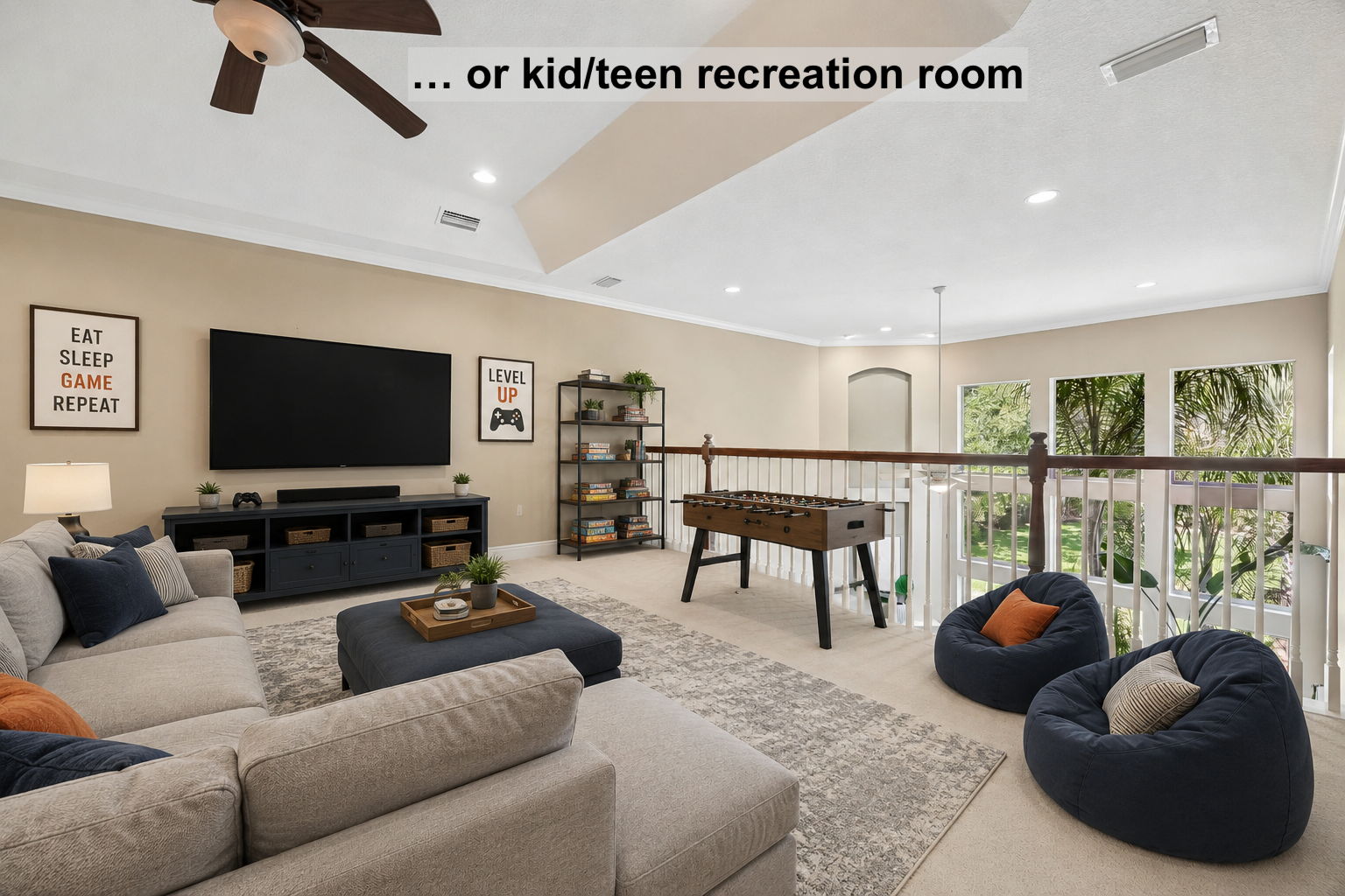 … or reimagined (virtual) as a kid and teen recreation room with plenty of space to gather, play, and unwind.