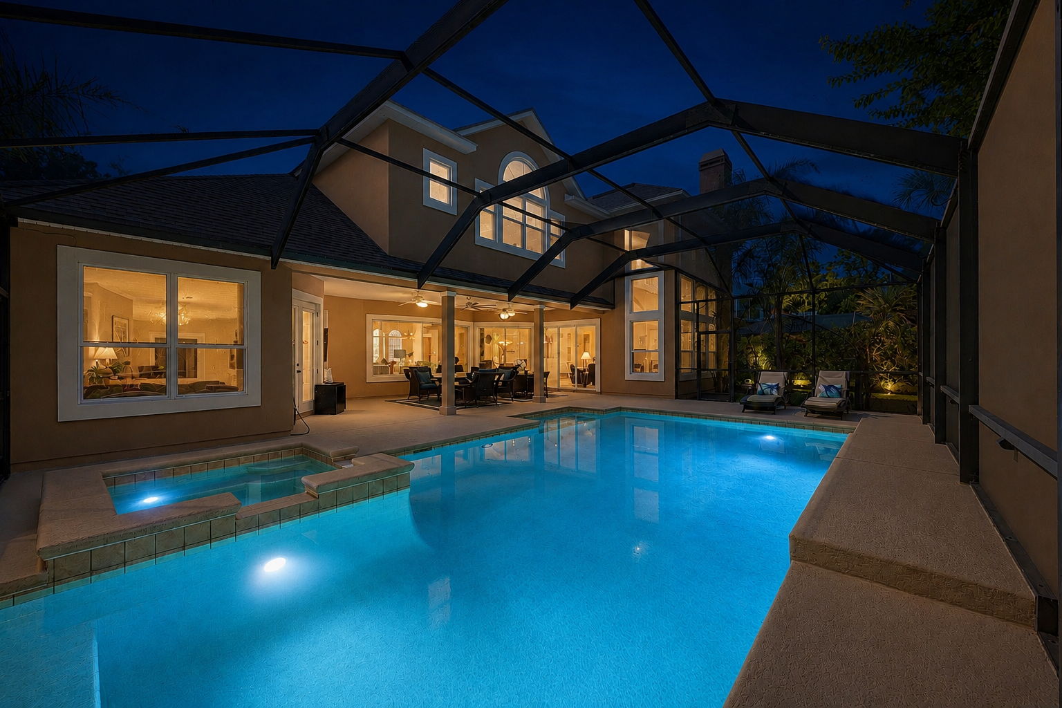 After dark, the screened pool area becomes one of the home’s most inviting spaces.