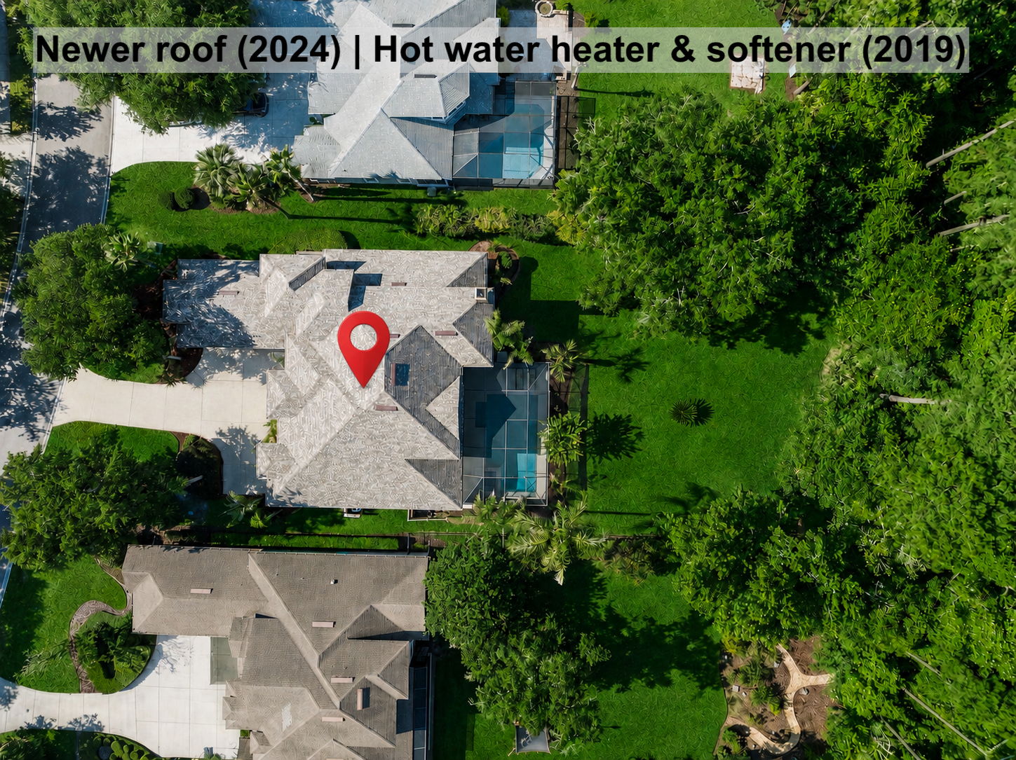 … while the aerial view shows the newer 2024 roof, the half-acre setting, and the depth of yard beyond the pool