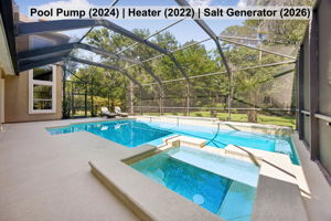 The heated saltwater pool and spa are ready for the next owner, with major pool components already updated.