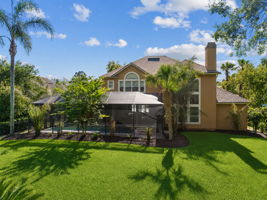 The rear of the home feels private and lush, with the screened pool tucked into a landscape of palms, lawn, and mature trees ...