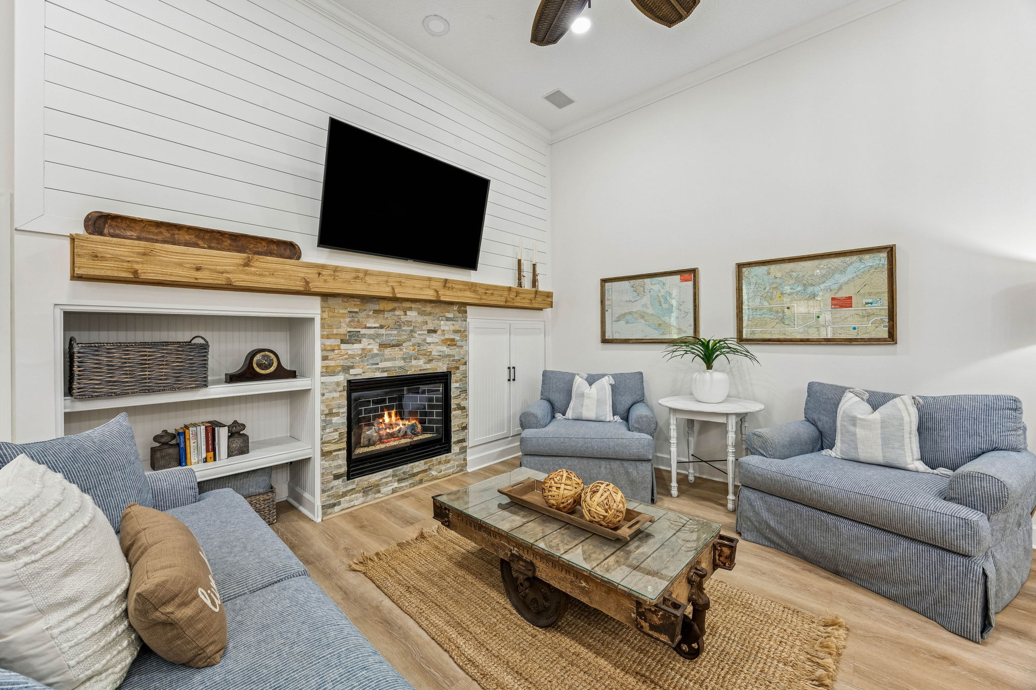 a gas stone fireplace, and a rough-hewn cedar mantle ...