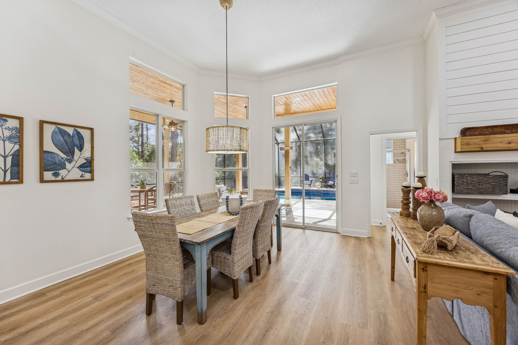 Designer lighting and natural-textured shades enhance the ambiance