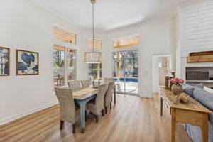 Designer lighting and natural-textured shades enhance the ambiance