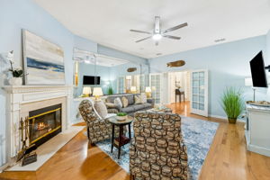 ... while a gas fireplace creates a warm, inviting focal point.