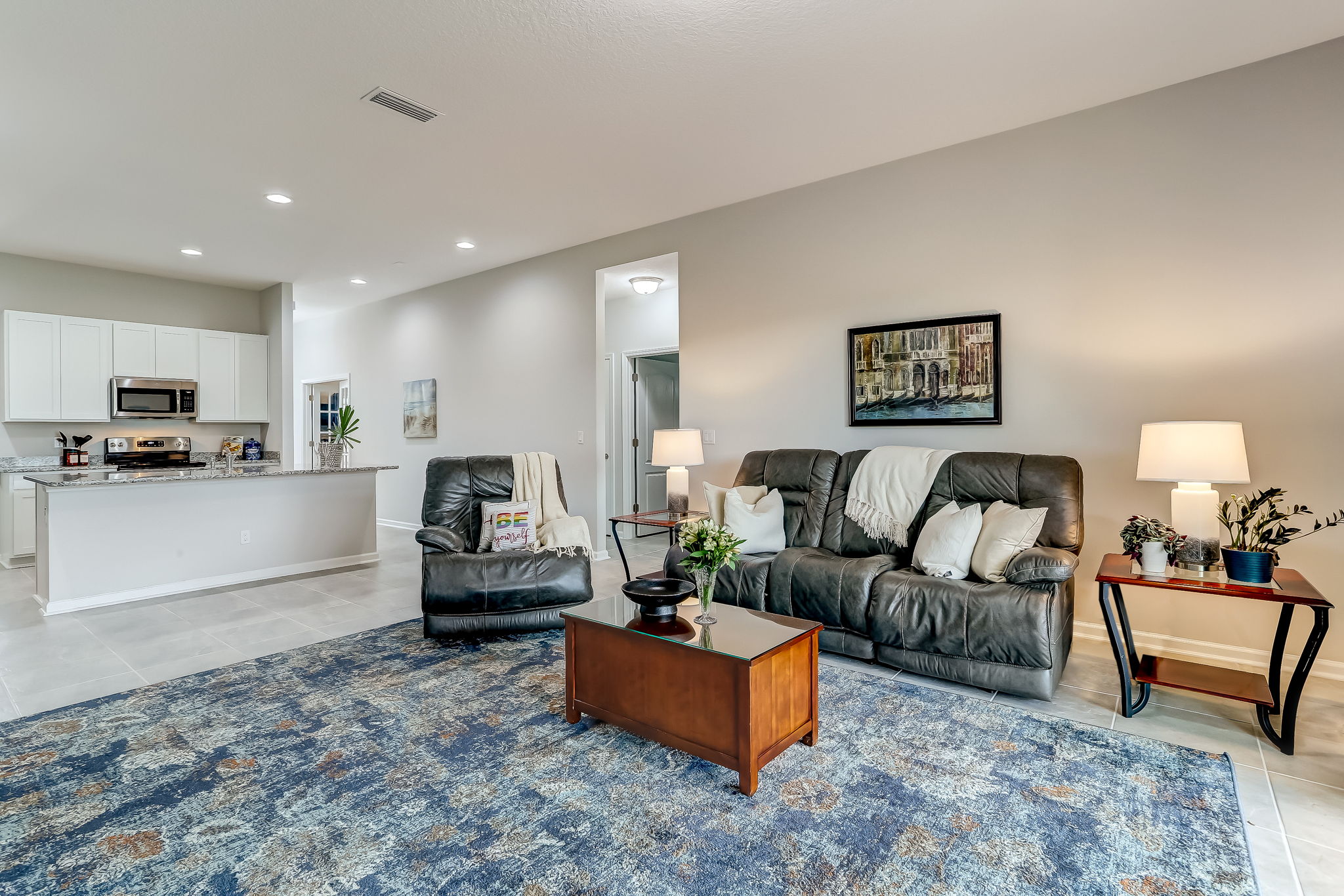 Open-concept kitchen overlooking dining area