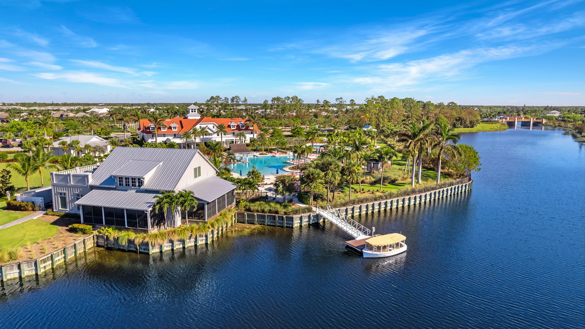 Overlook Bar & Grill overlooking The Cypress Waterway. Community boat