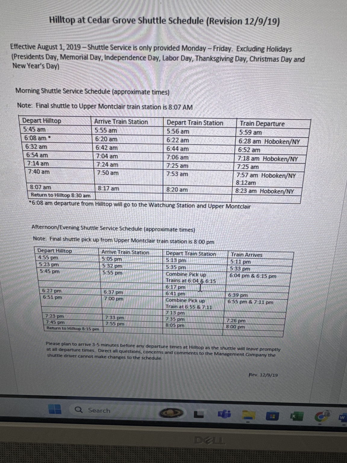 Upper Montclair Train Station Jitney Schedule.  Jitney departs from Hill Top Club House!