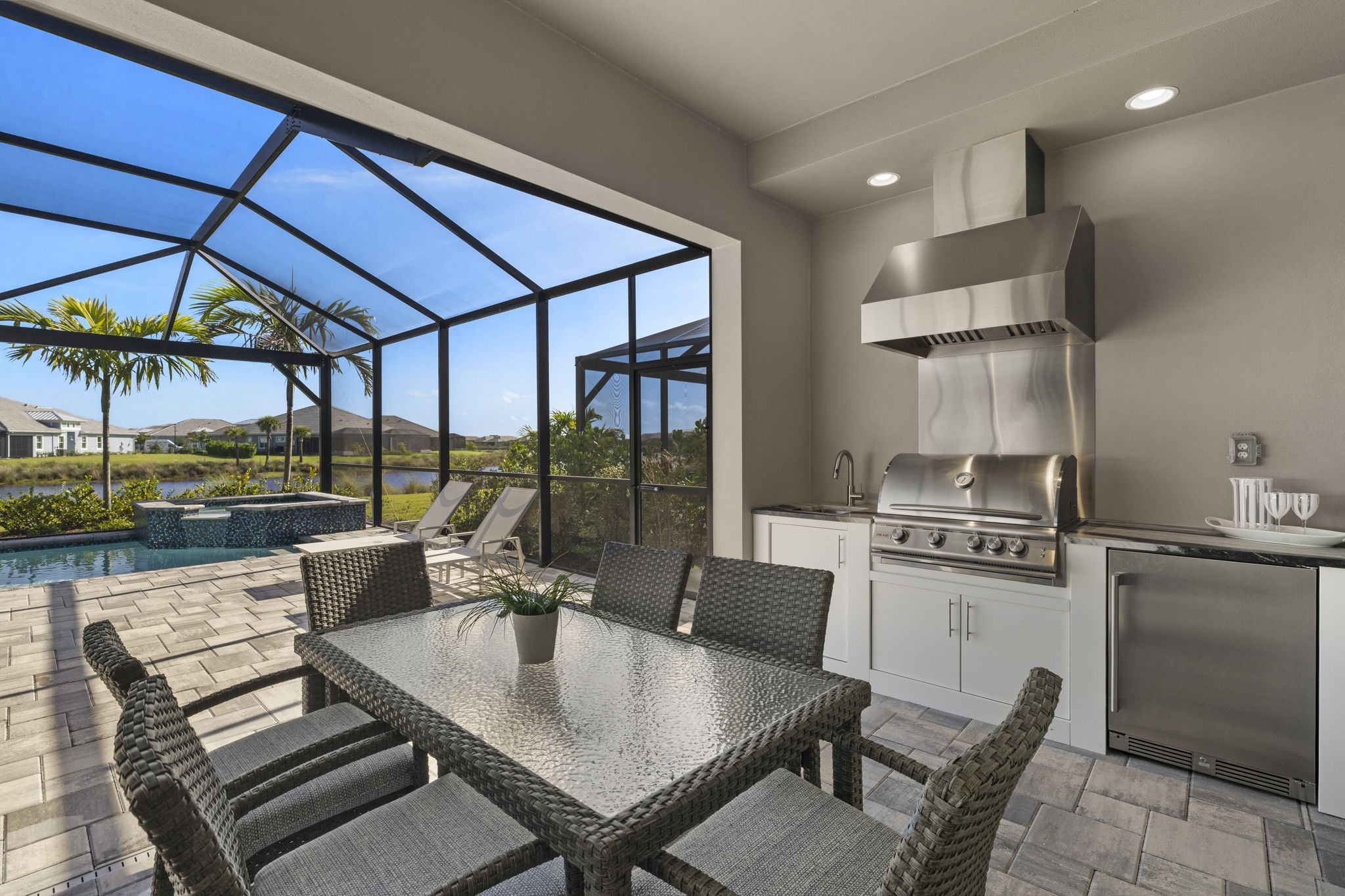 Covered, outdoor kitchen and eating area