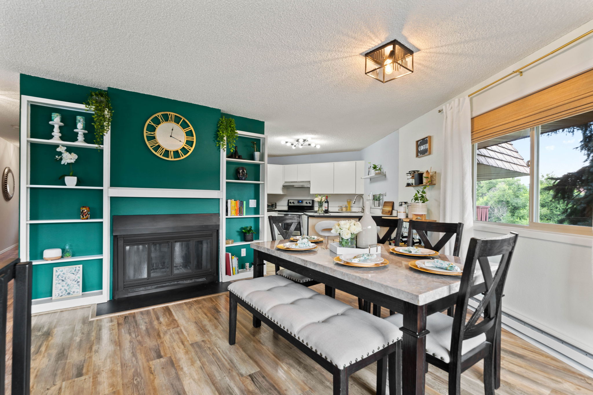 Dining Room featuring Real Wood Fireplace