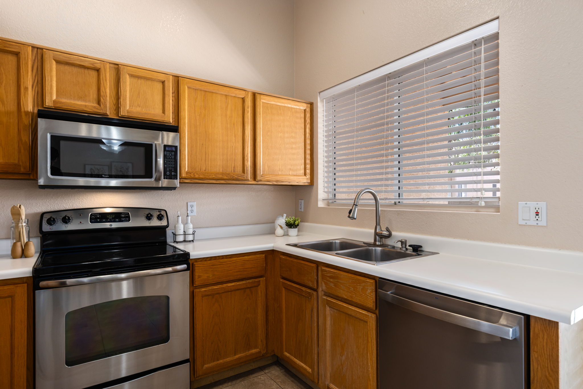 Kitchen with stainless steel appliances.