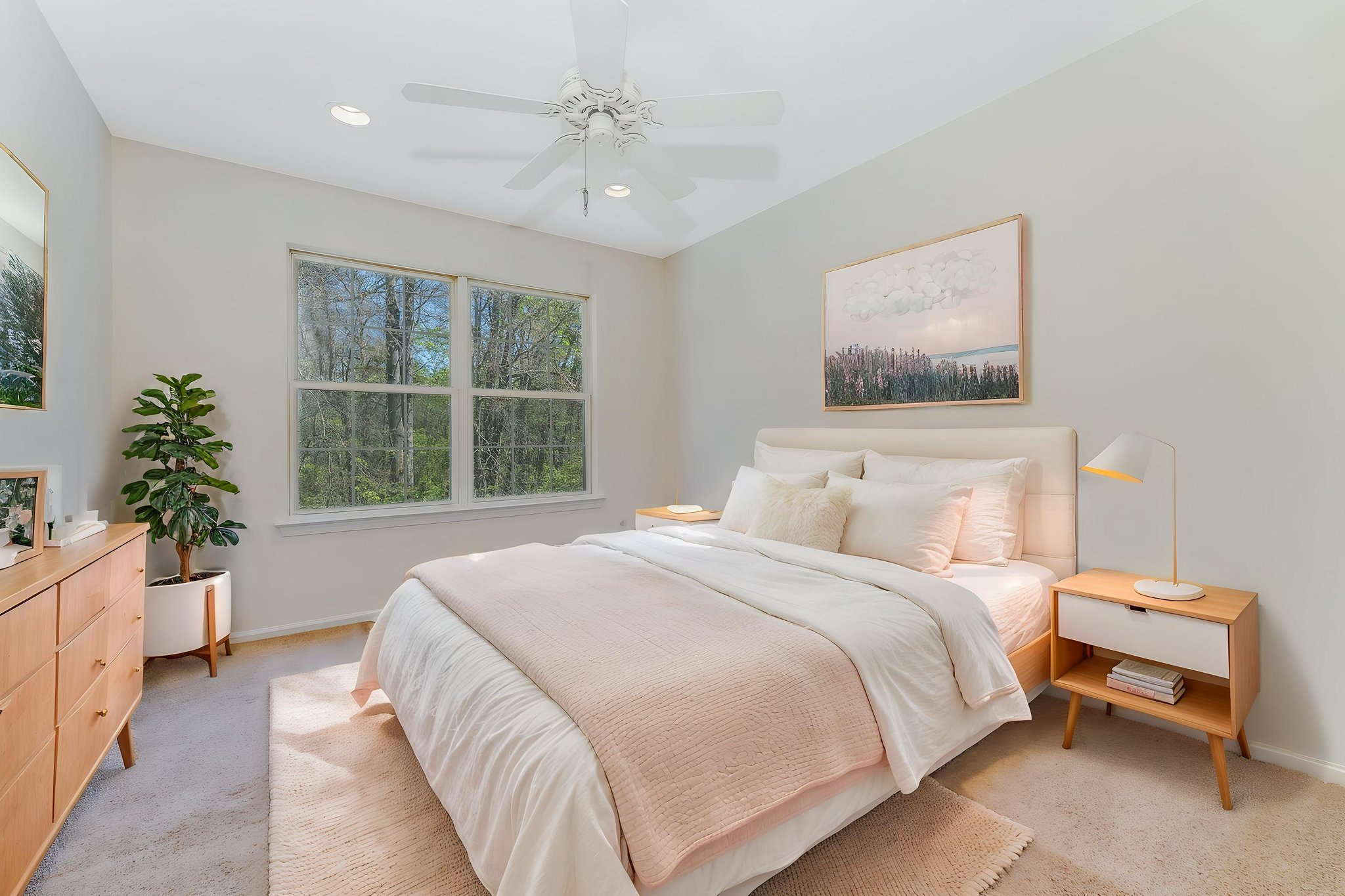Virtually Staged. 2 Recessed lighting, ceiling fan, double slider closet, neutral carpeting.