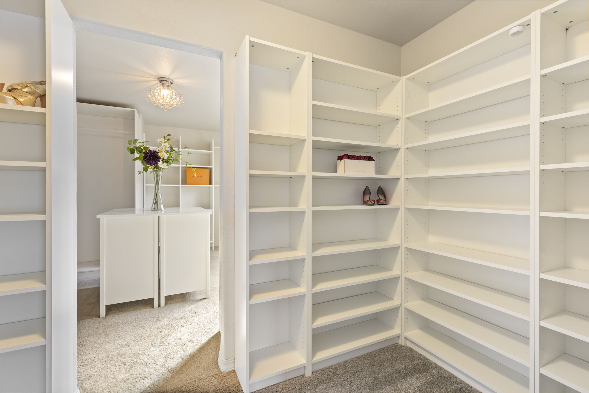 Custom double walk-in closet featuring built-in drawers, shelving, and hanging space.