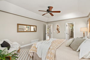 Main floor primary bedroom with tray ceiling, custom wood shutters, ensuite bathroom and walk-in closet.