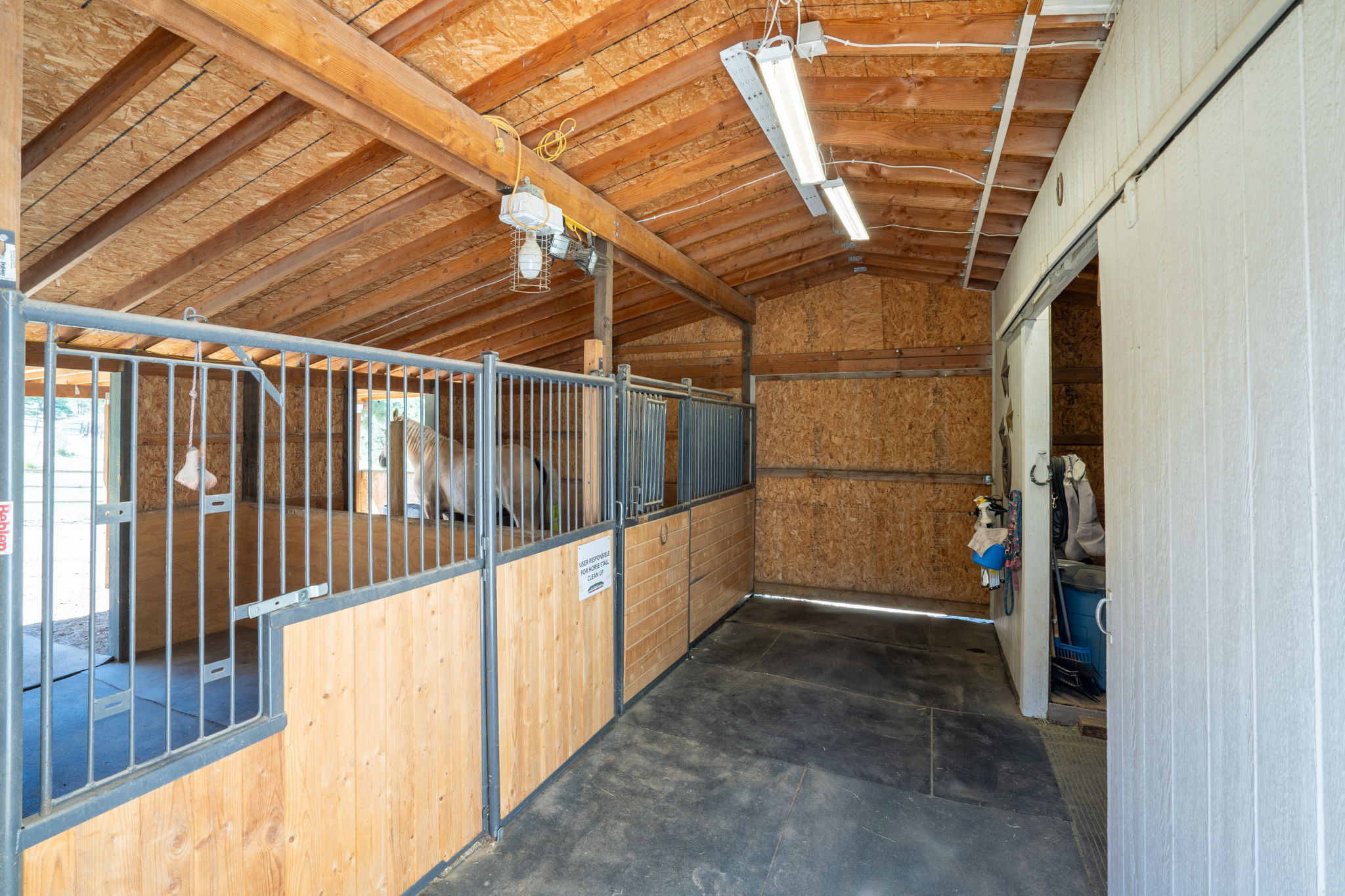 Equestrian lovers dream! 2 horse stall barn, complete with a covered roof, tack room, hay storage and a riding arena.