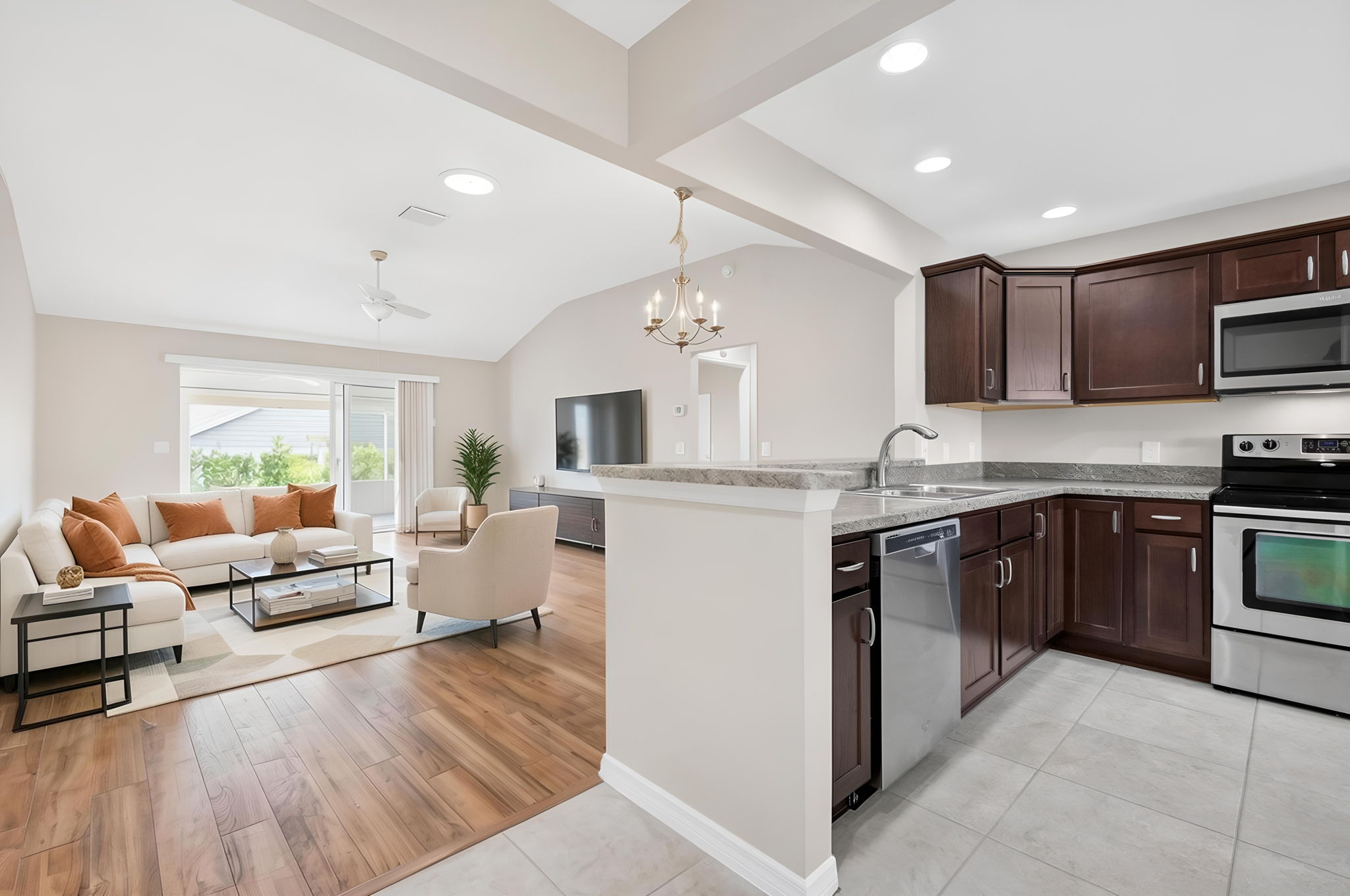 Kitchen with Living and Dining Rooms - Virtually Staged