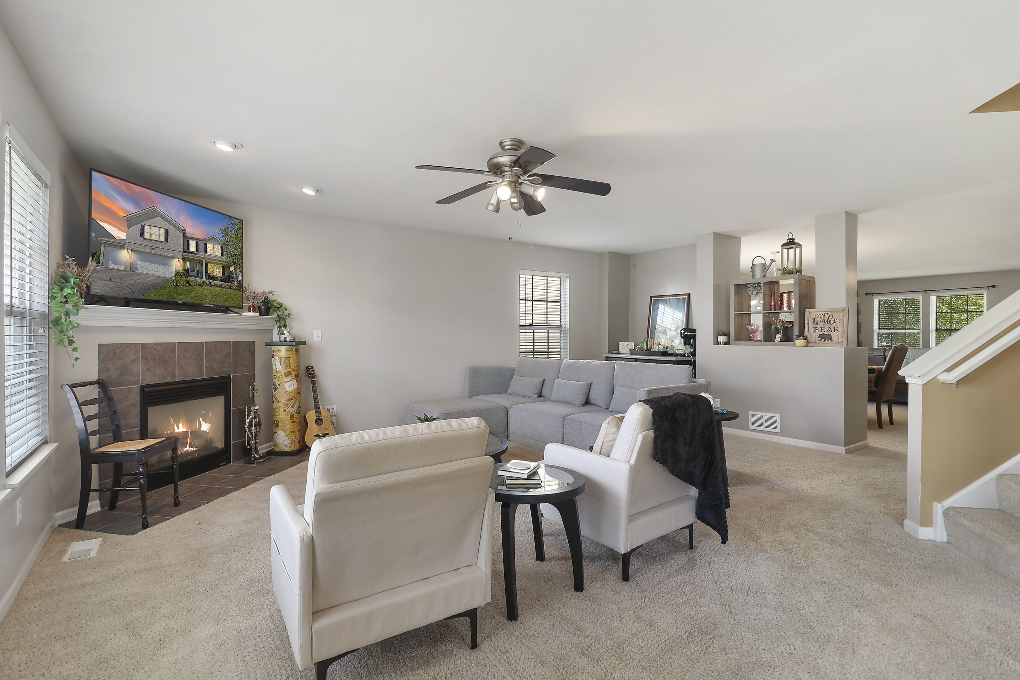 Open concept family room with gas fireplace