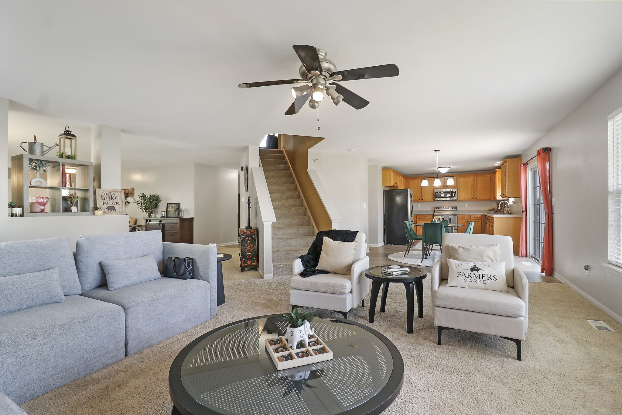 open concept family room with fireplace