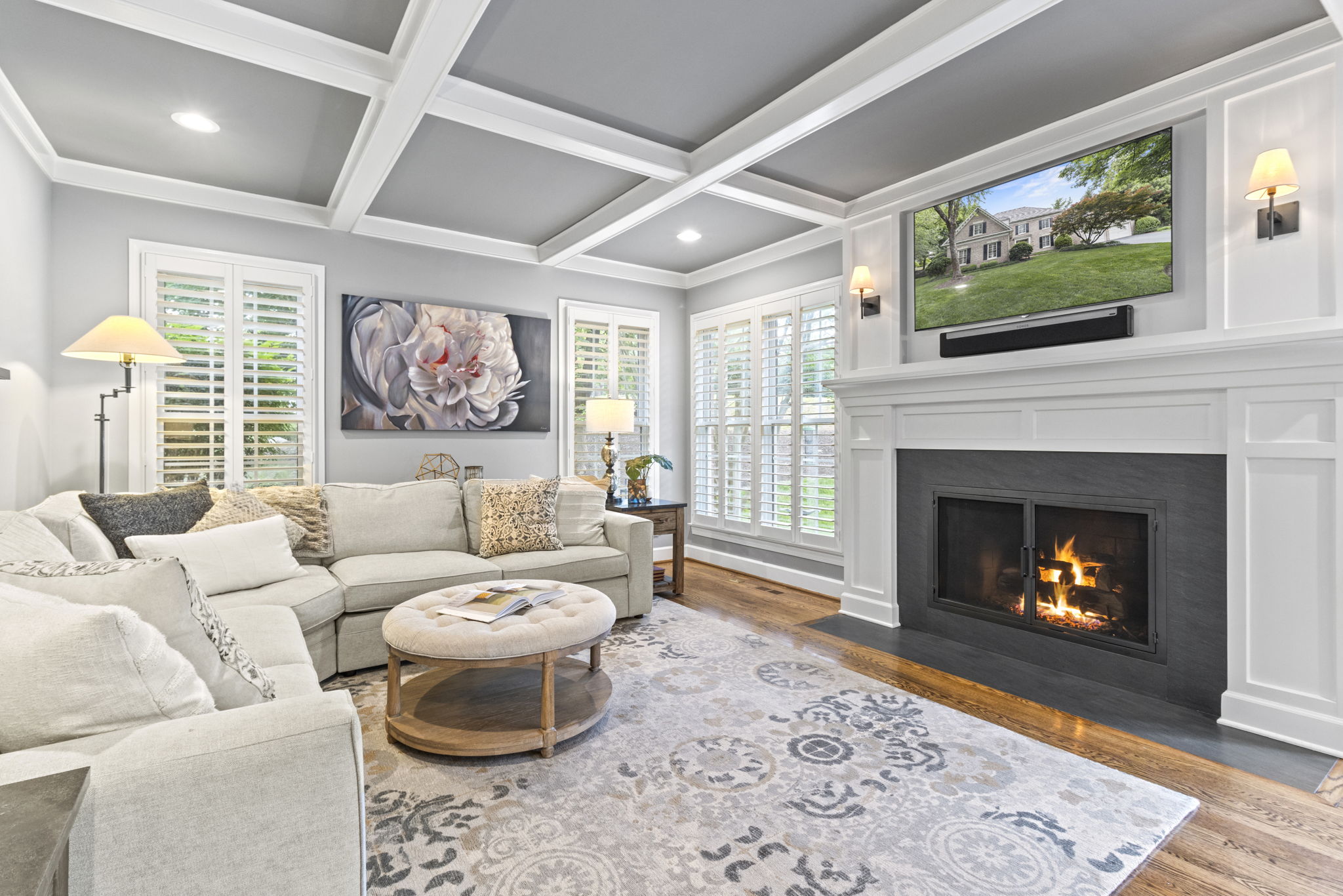 Family Room with Gas Fireplace & Doors to Deck
