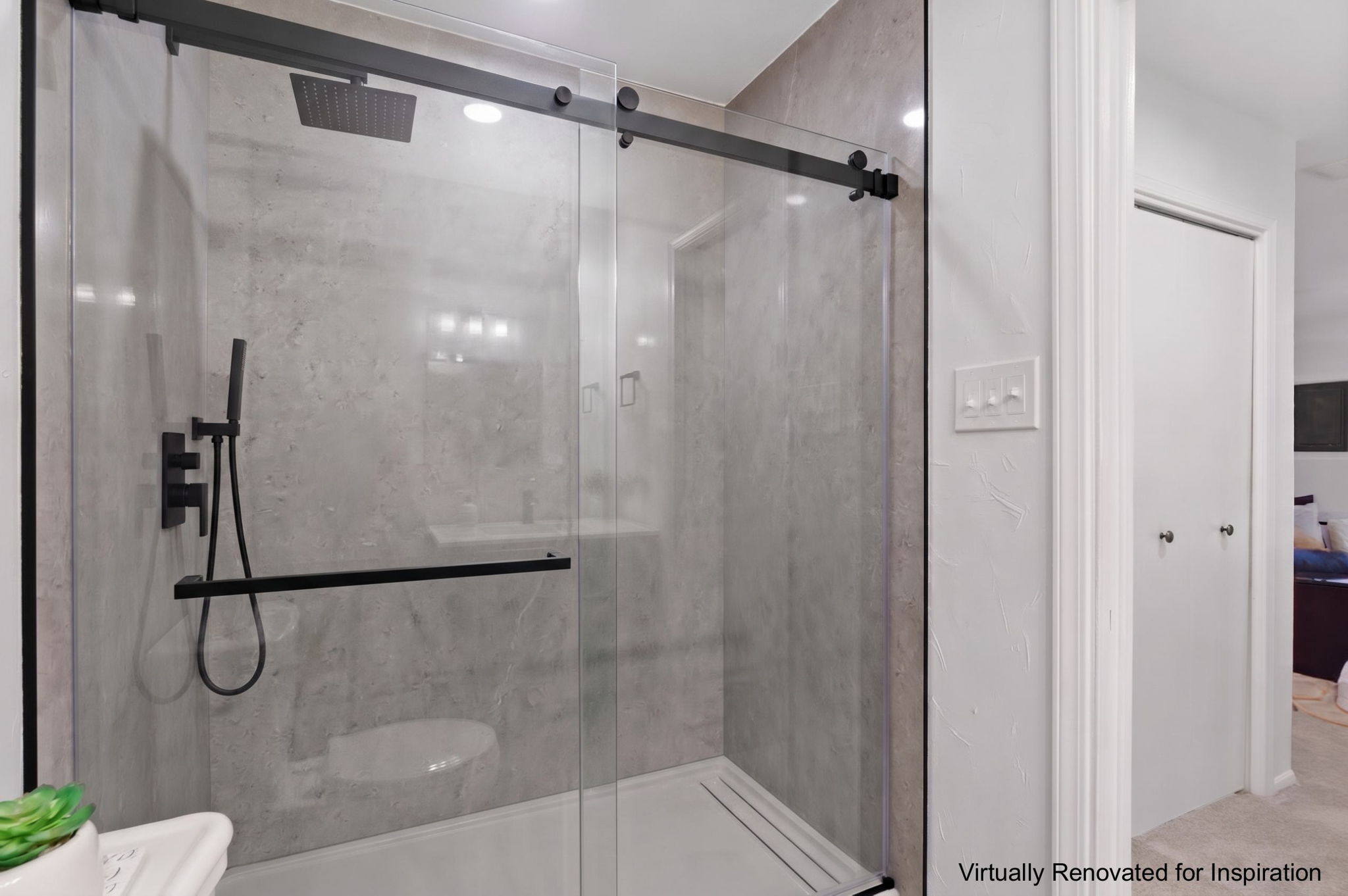 Walk-in shower virtually renovated for inspiration.