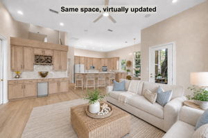 The same room, virtually refreshed, shows how beautifully the home can lean into a lighter coastal vision.